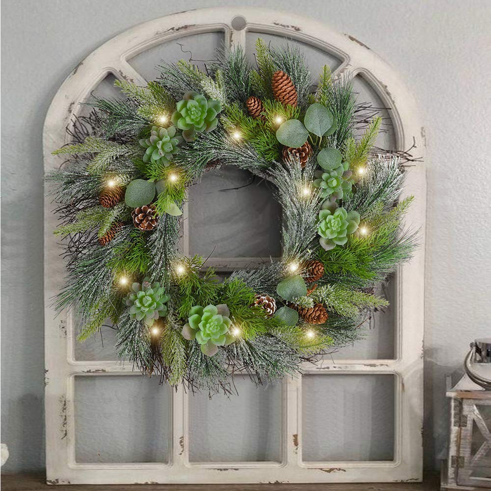 Pre-Lit Christmas Wreath with Succulents and Pinecones